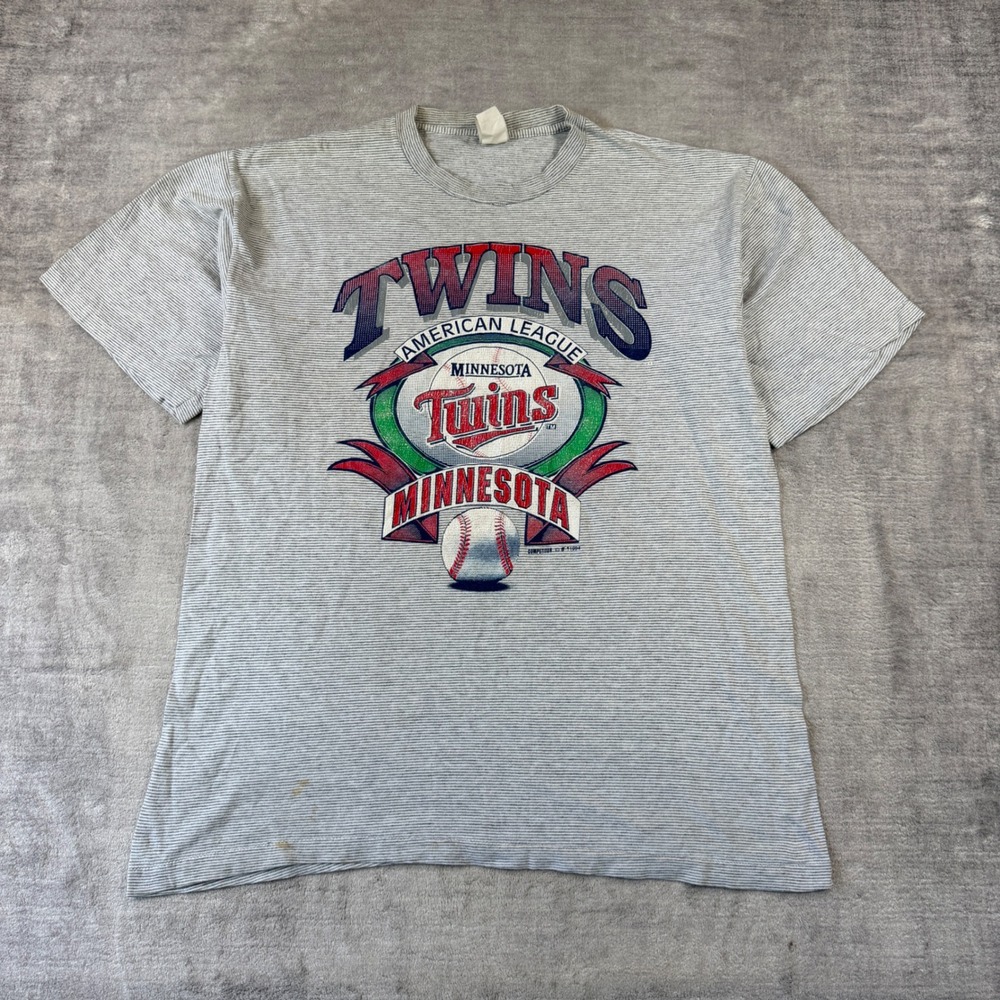 Minnesota Twins Shirt Mens Large Grey Striped Vintage 1994 MLB Single Stitch